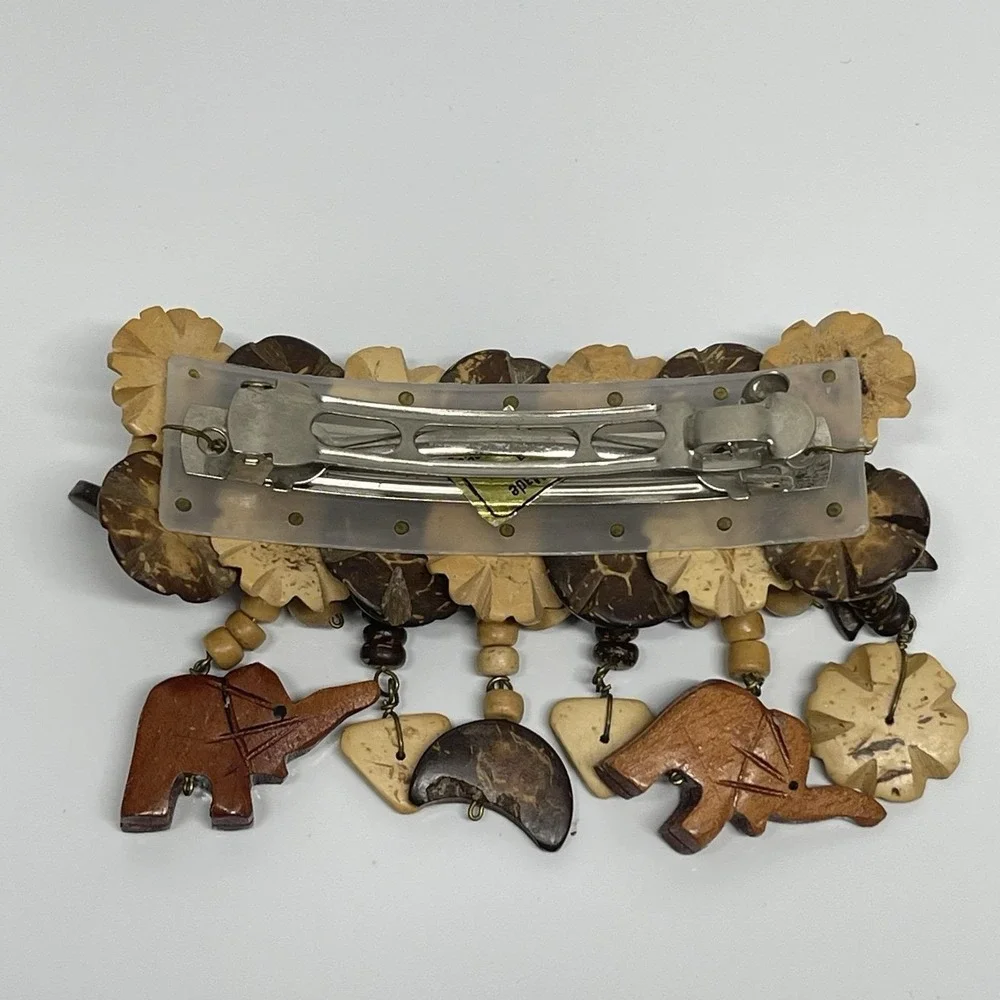 Vintage African Safari Hair Barrette Hand Carved Wooden Elephants Beads Floral